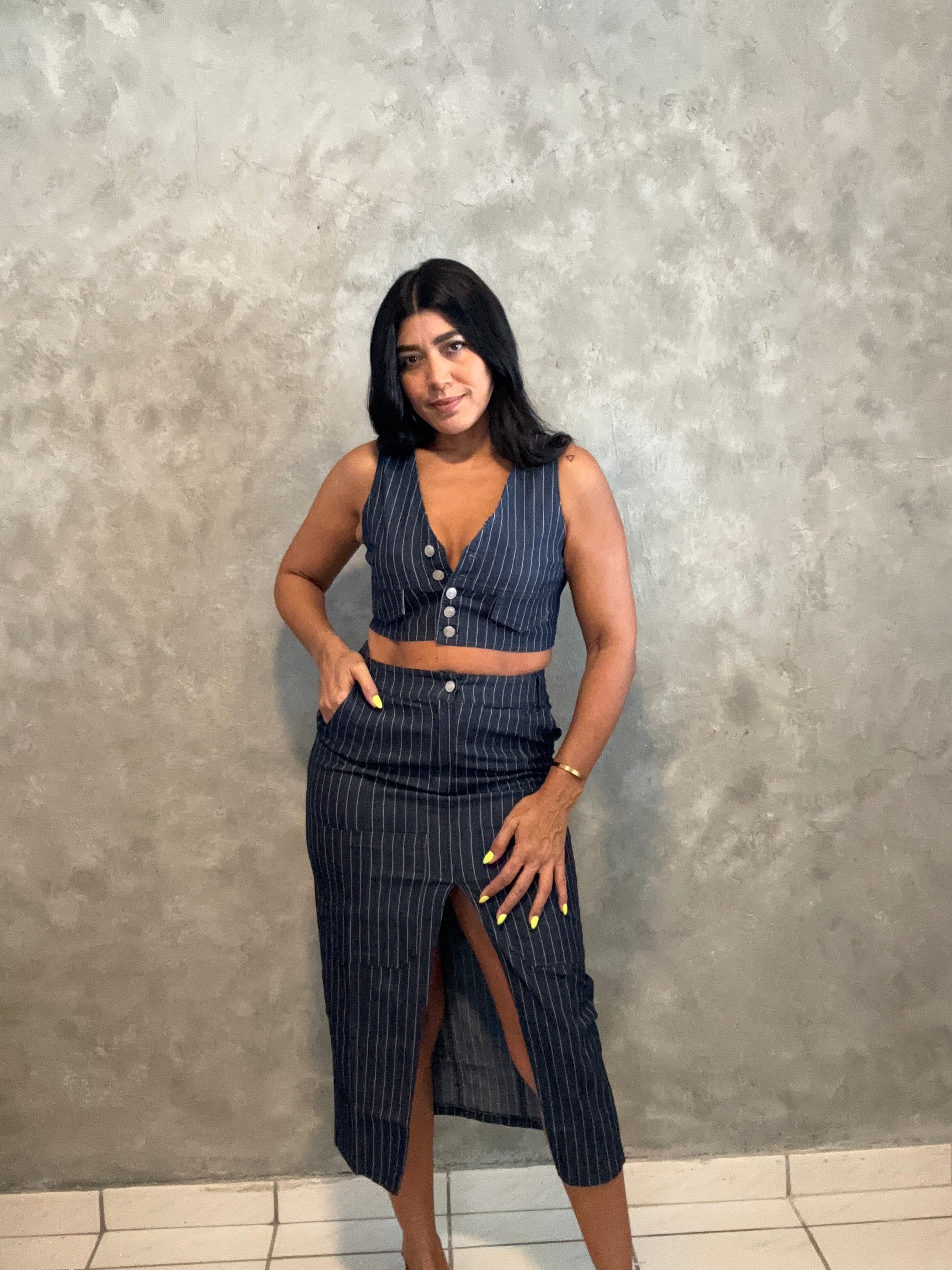 DENIM STRIPE CROP VEST