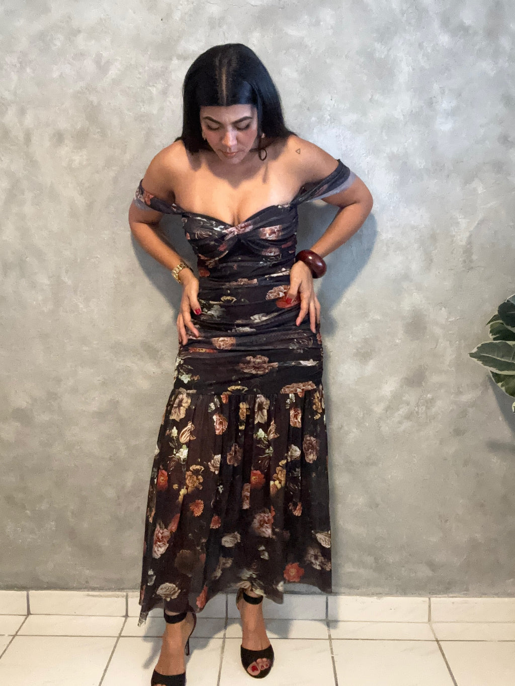 FLORAL PRINT MESH OFF SHOULDER MAXI DRESS