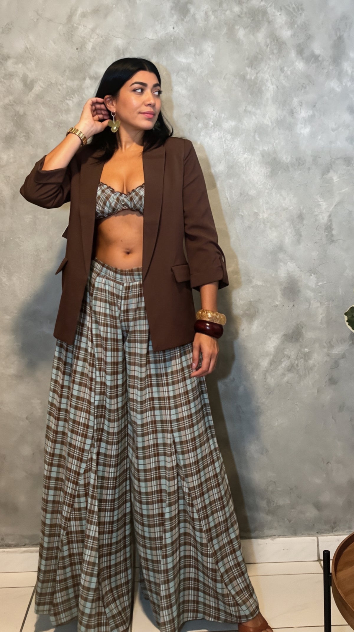 Plaid Print Ruched Top And Wide Leg Pant Set