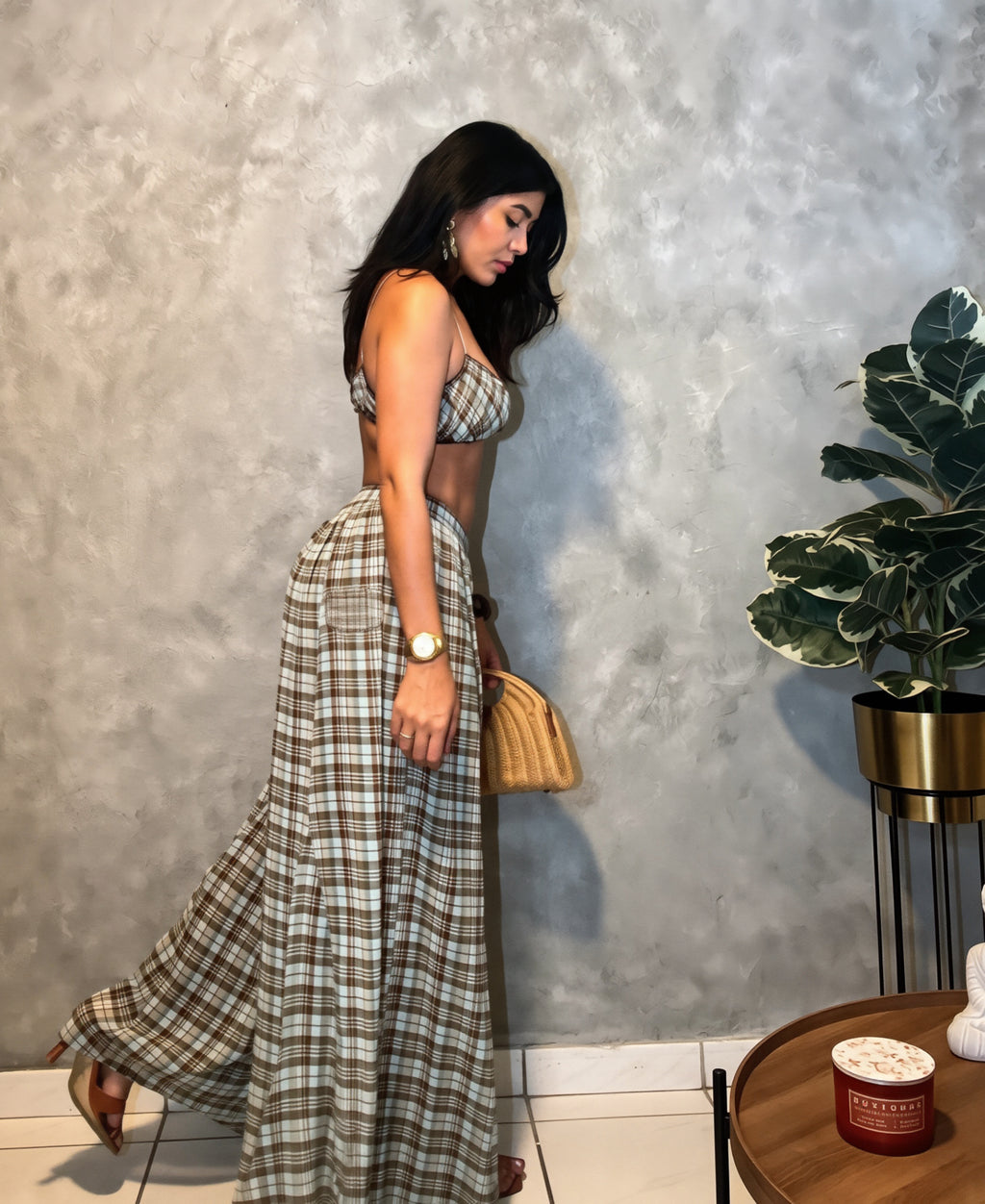 Plaid Print Ruched Top And Wide Leg Pant Set