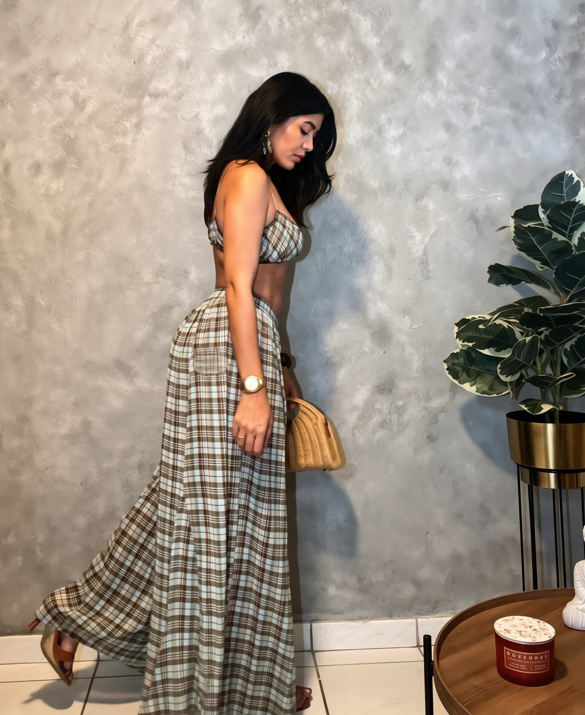 Plaid Print Ruched Top And Wide Leg Pant Set