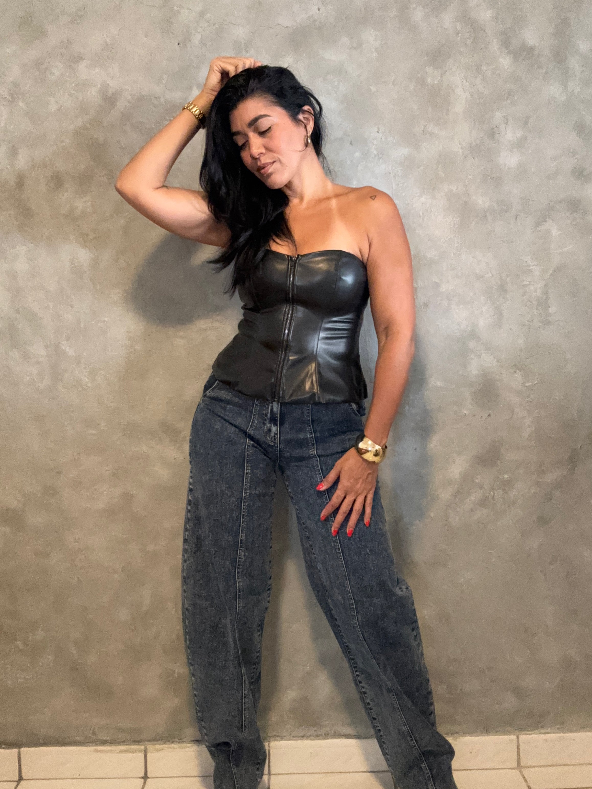 LEATHER ZIP UP FRONT TOP