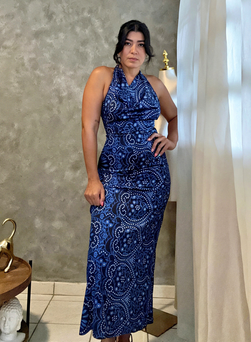 Abstract Floral Print Halter Maxi Dress