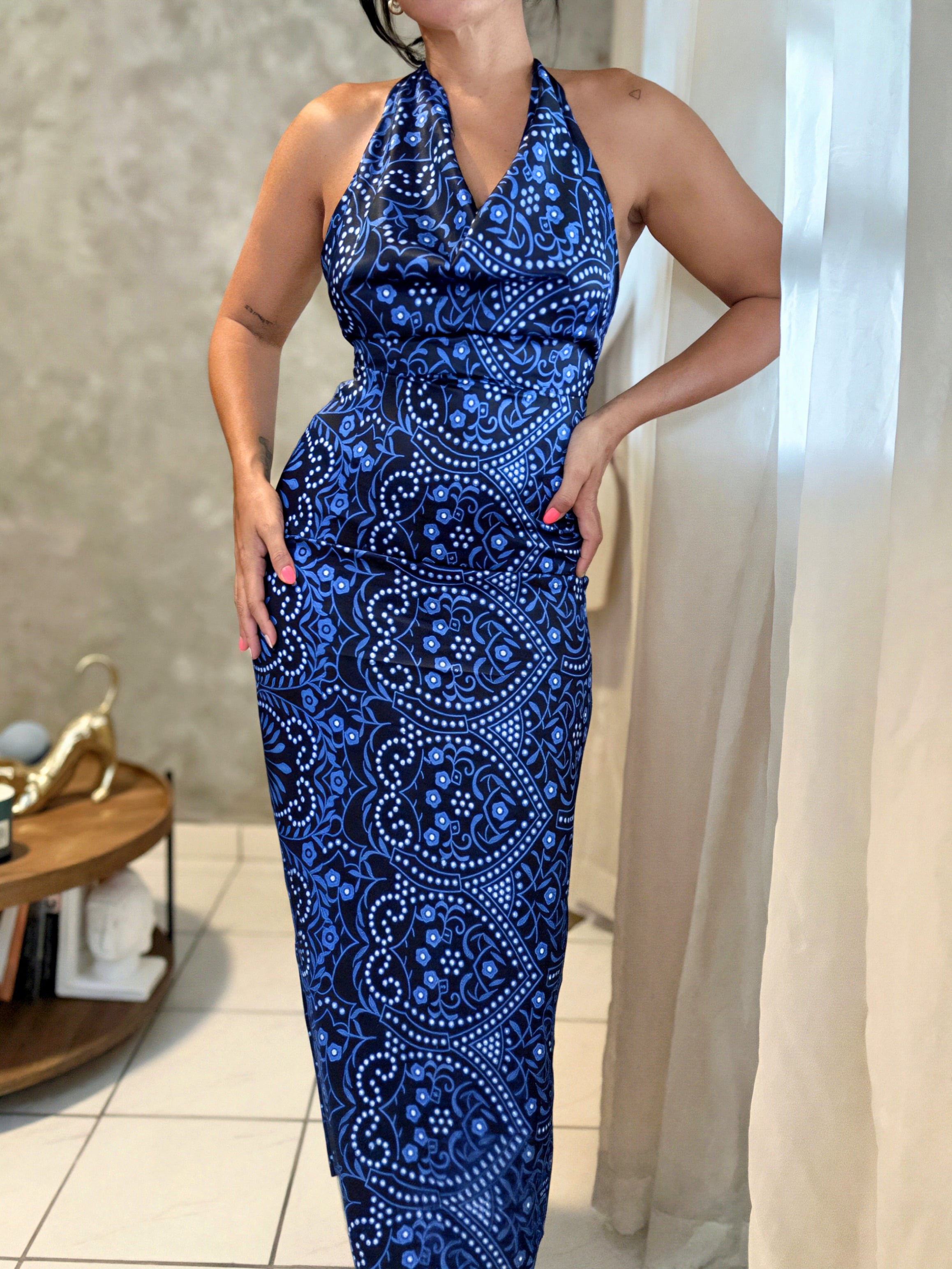 Abstract Floral Print Halter Maxi Dress