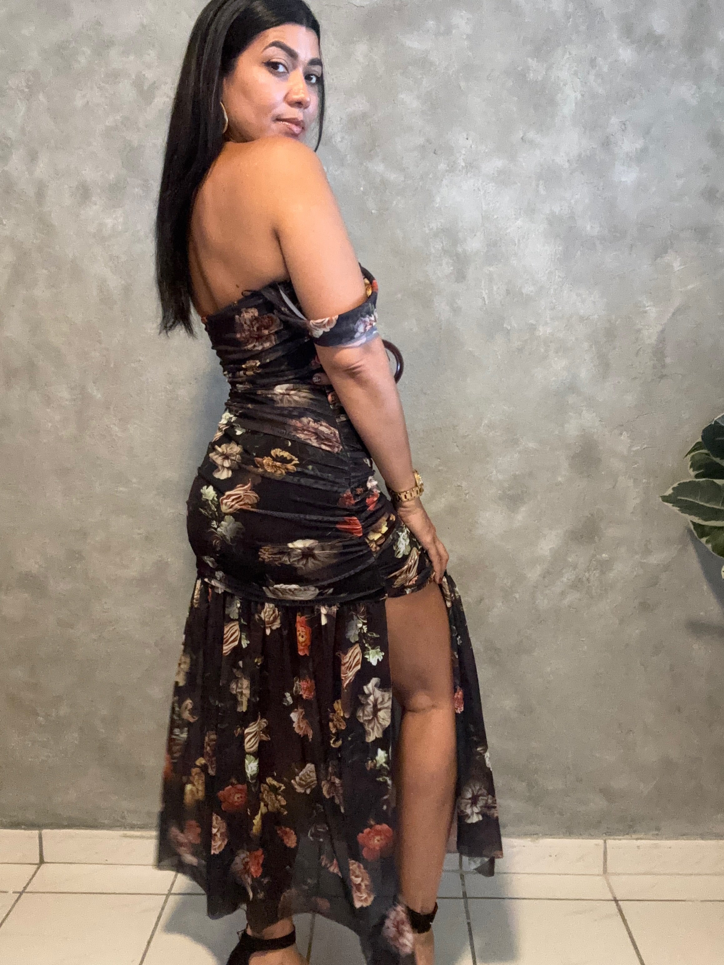 FLORAL PRINT MESH OFF SHOULDER MAXI DRESS