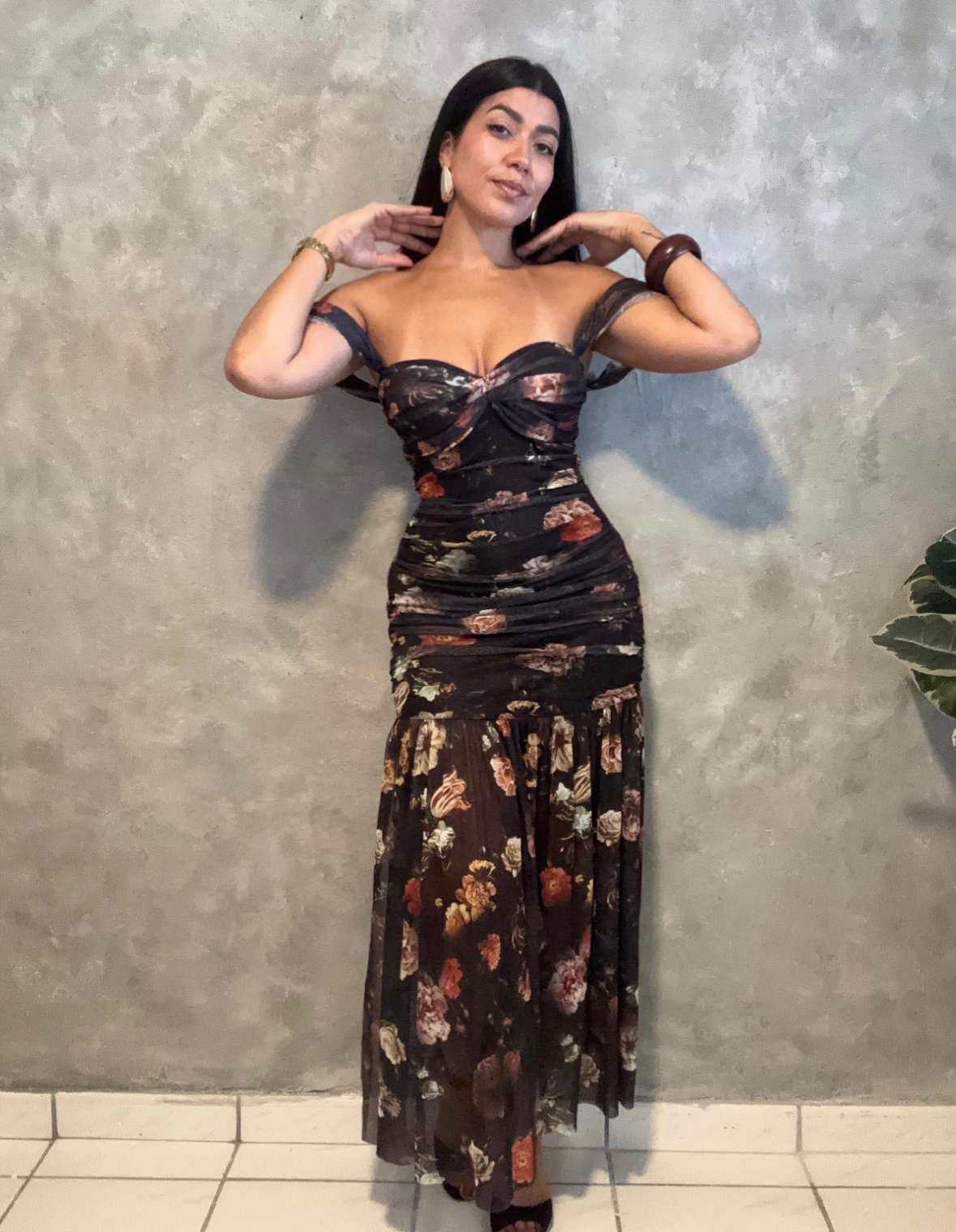 FLORAL PRINT MESH OFF SHOULDER MAXI DRESS