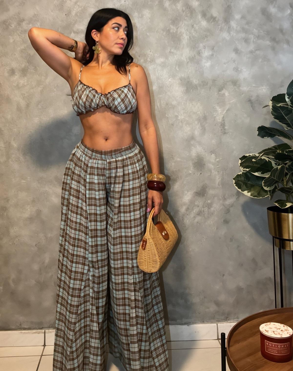 Plaid Print Ruched Top And Wide Leg Pant Set