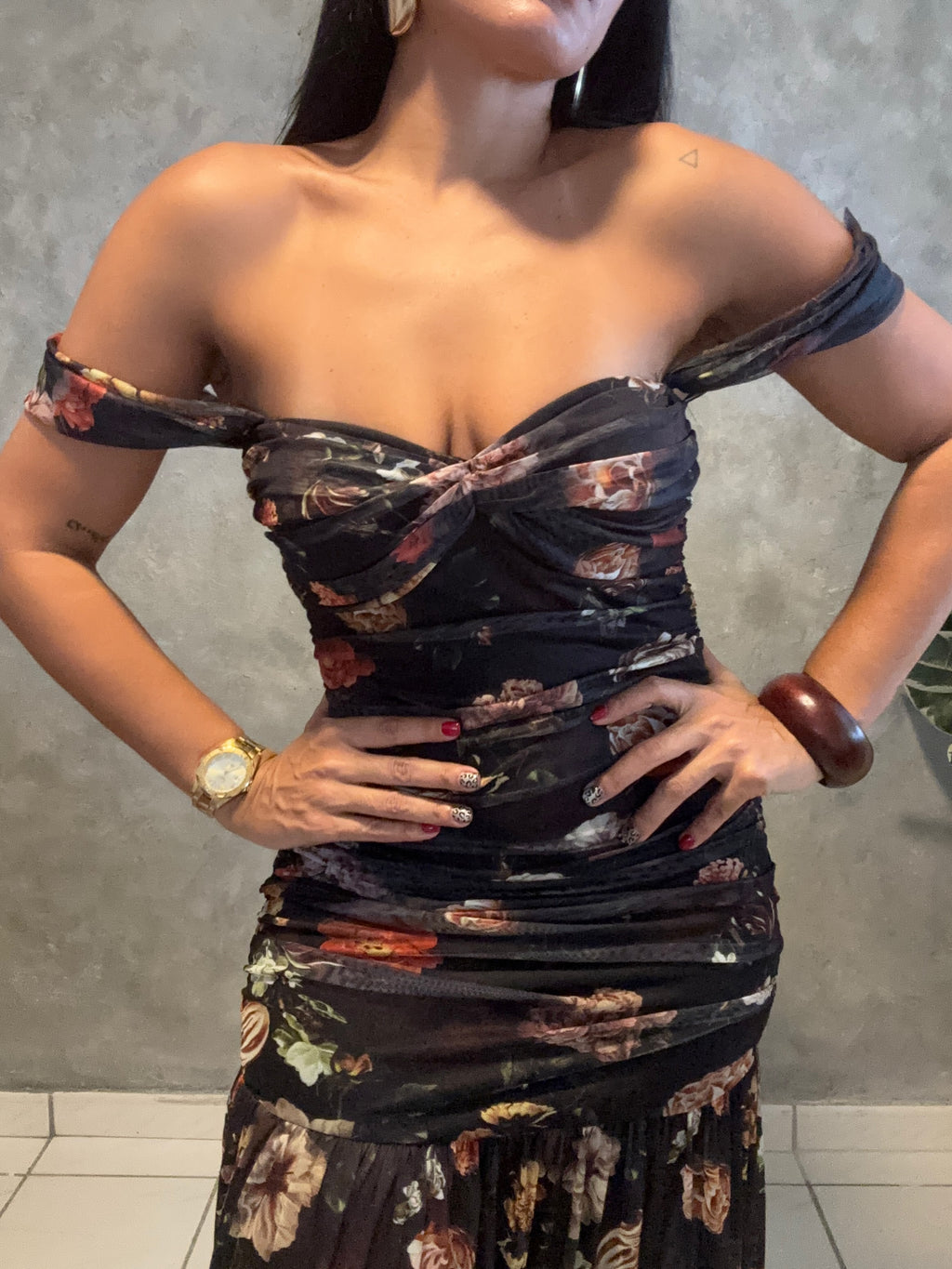 FLORAL PRINT MESH OFF SHOULDER MAXI DRESS