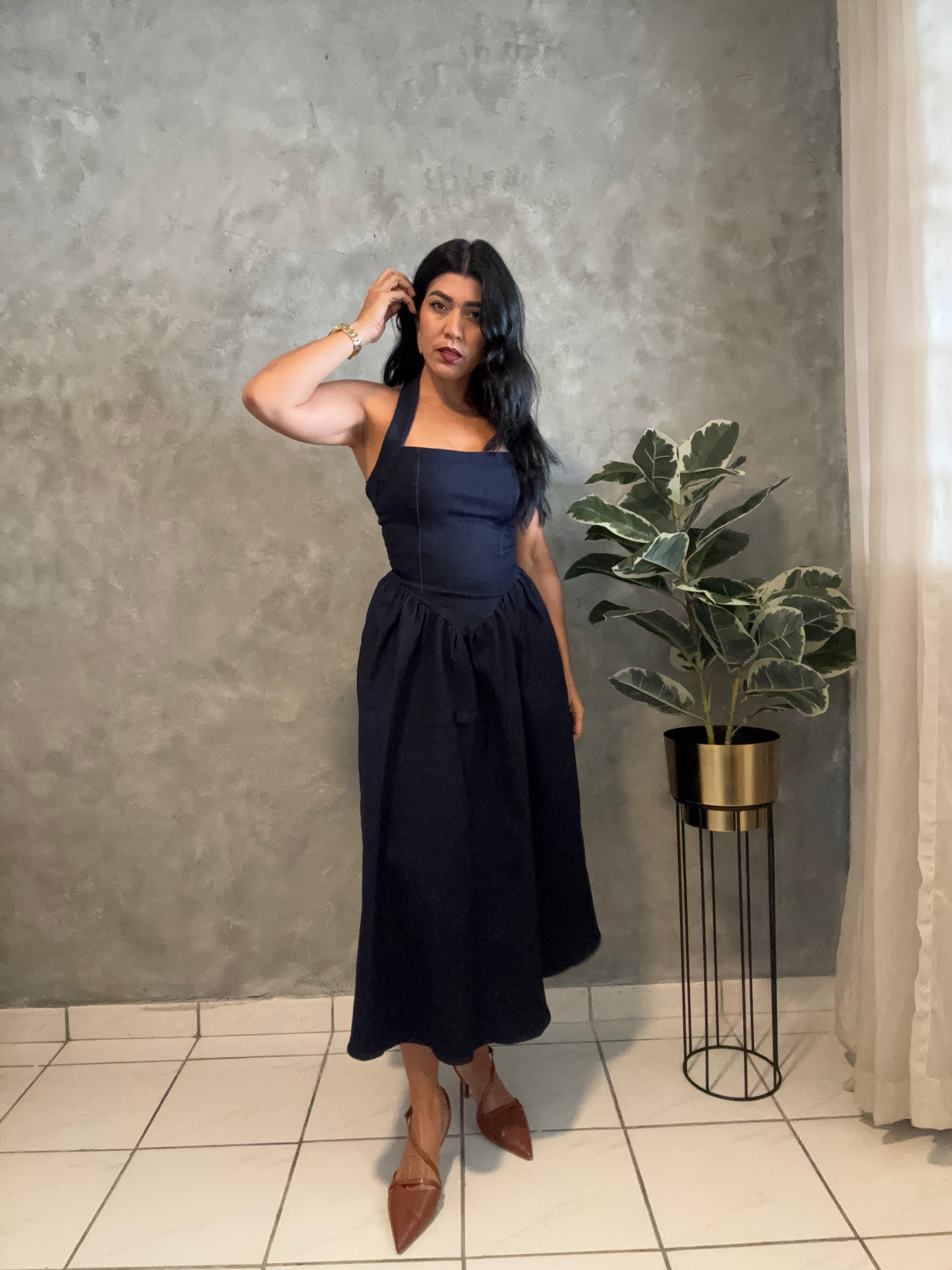 DARK DENIM HALTER MIDI DRESS