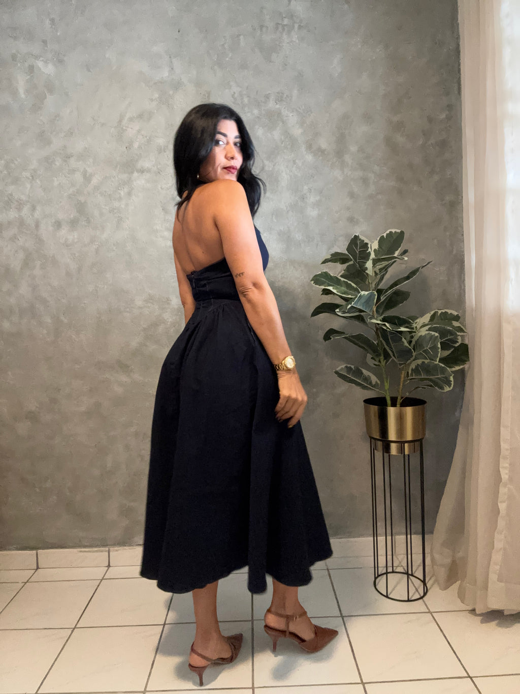DARK DENIM HALTER MIDI DRESS