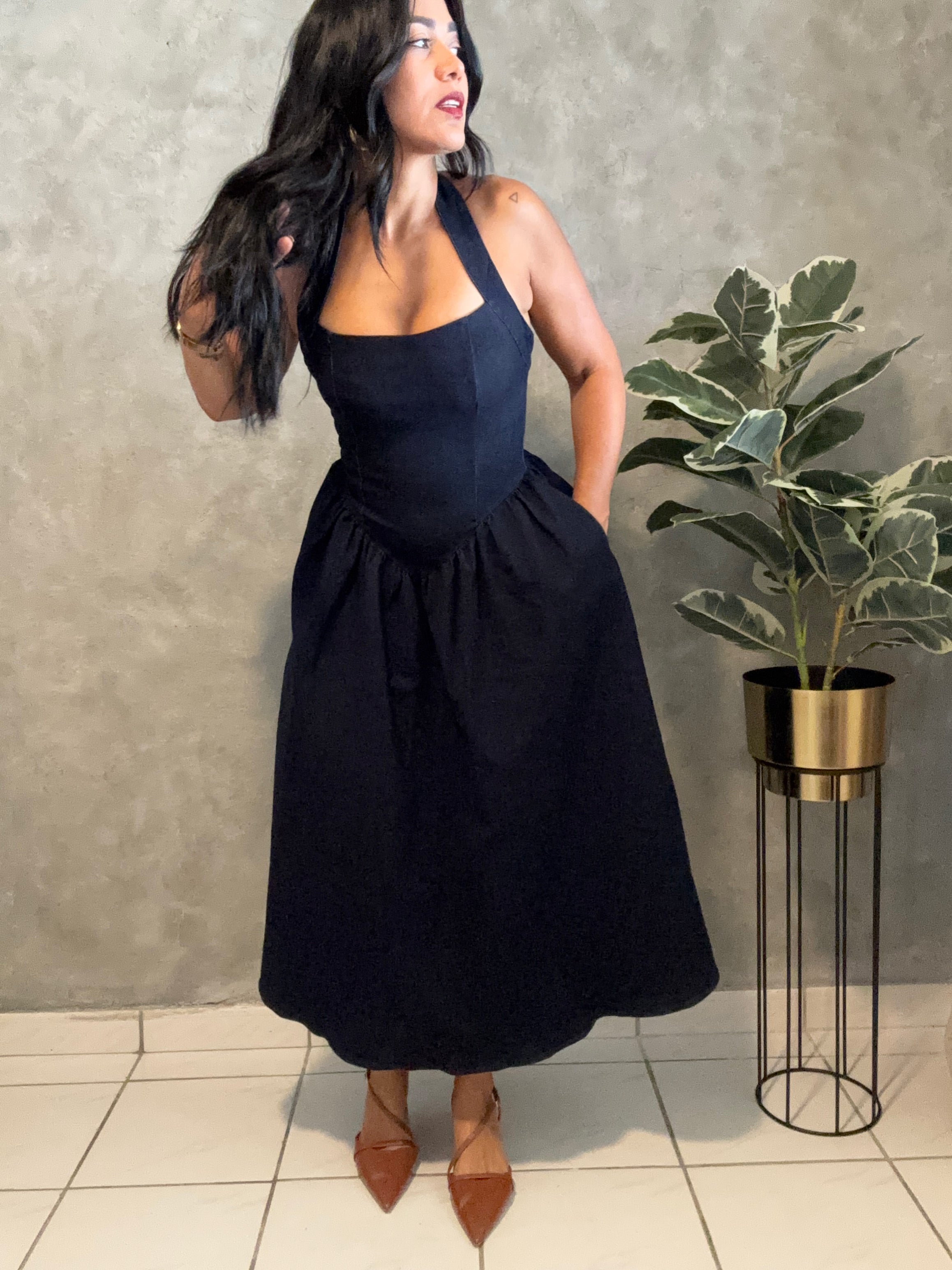 DARK DENIM HALTER MIDI DRESS