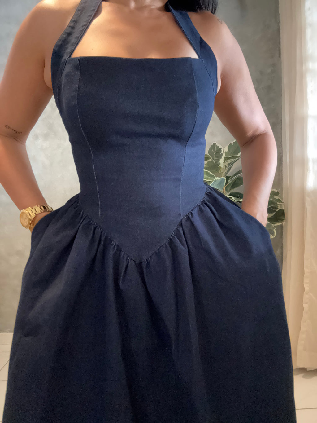 DARK DENIM HALTER MIDI DRESS